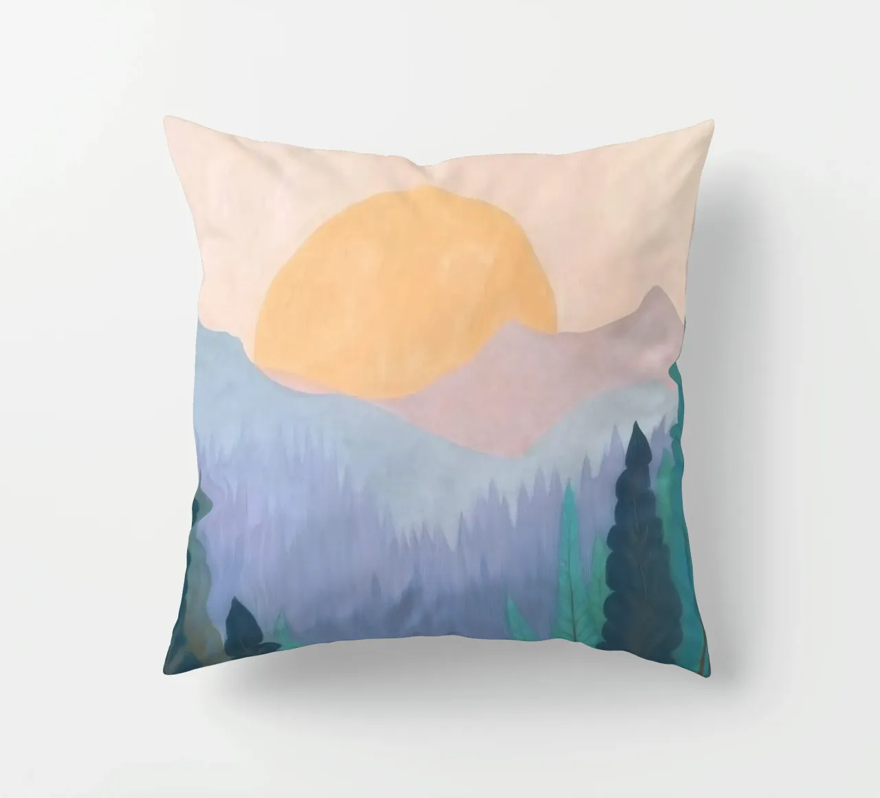 Alba su montagne e foreste nebbiose cuscino da Melloi Art Print