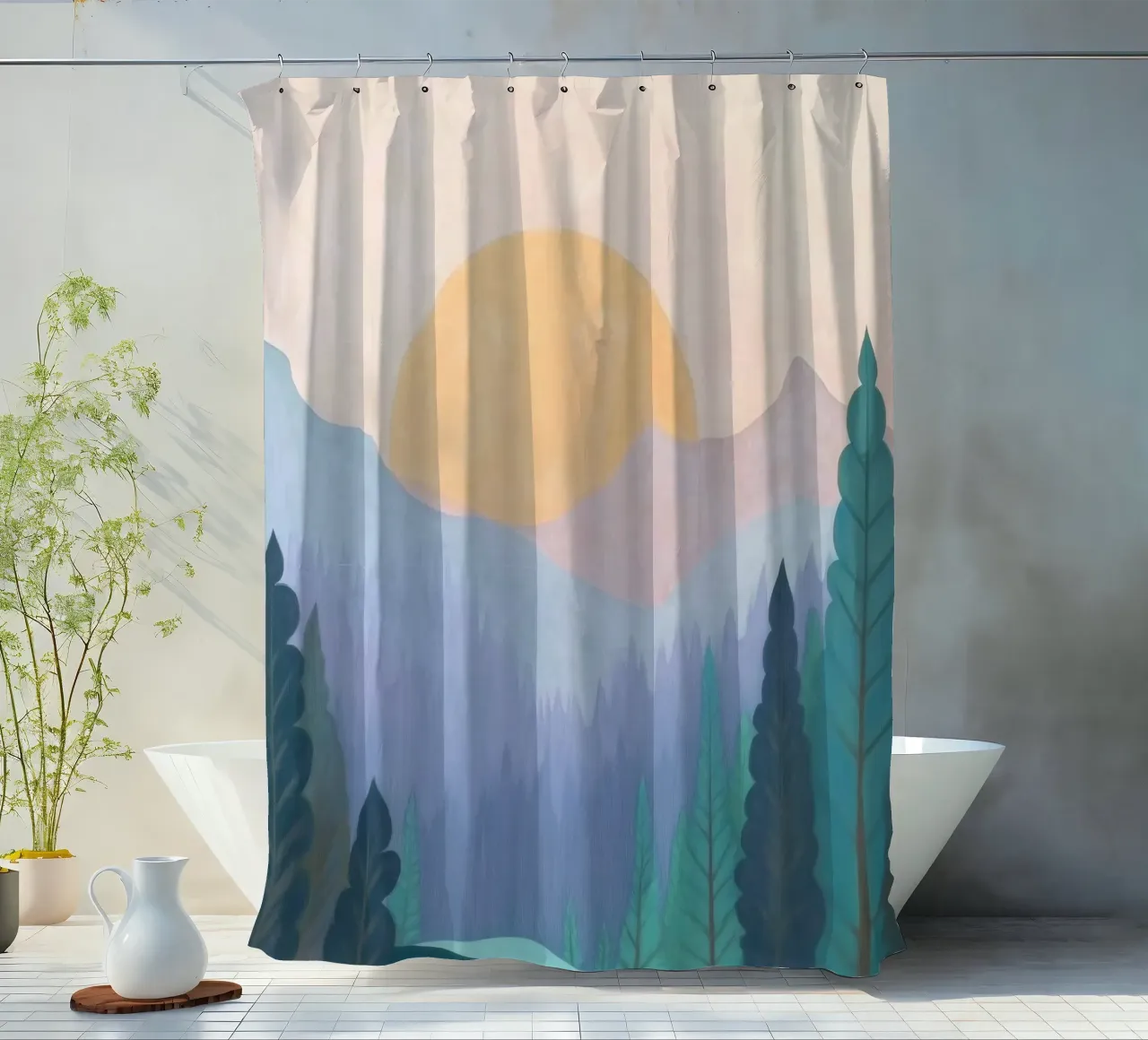 Alba su montagne e foreste nebbiose tenda da doccia da Melloi Art Print