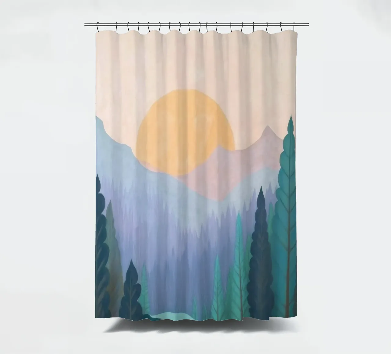 Alba su montagne e foreste nebbiose tenda da doccia da Melloi Art Print