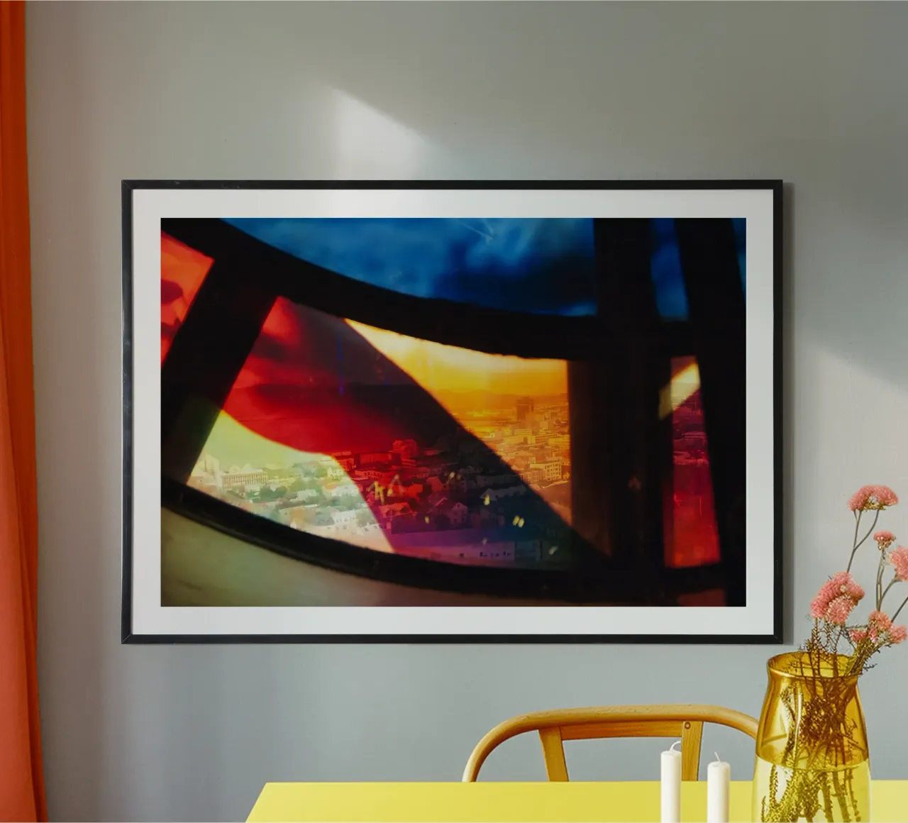 View of Reykjavik Through Hallgrímskirkja Stained Glass poster with wooden frame by Ben & Clo creations