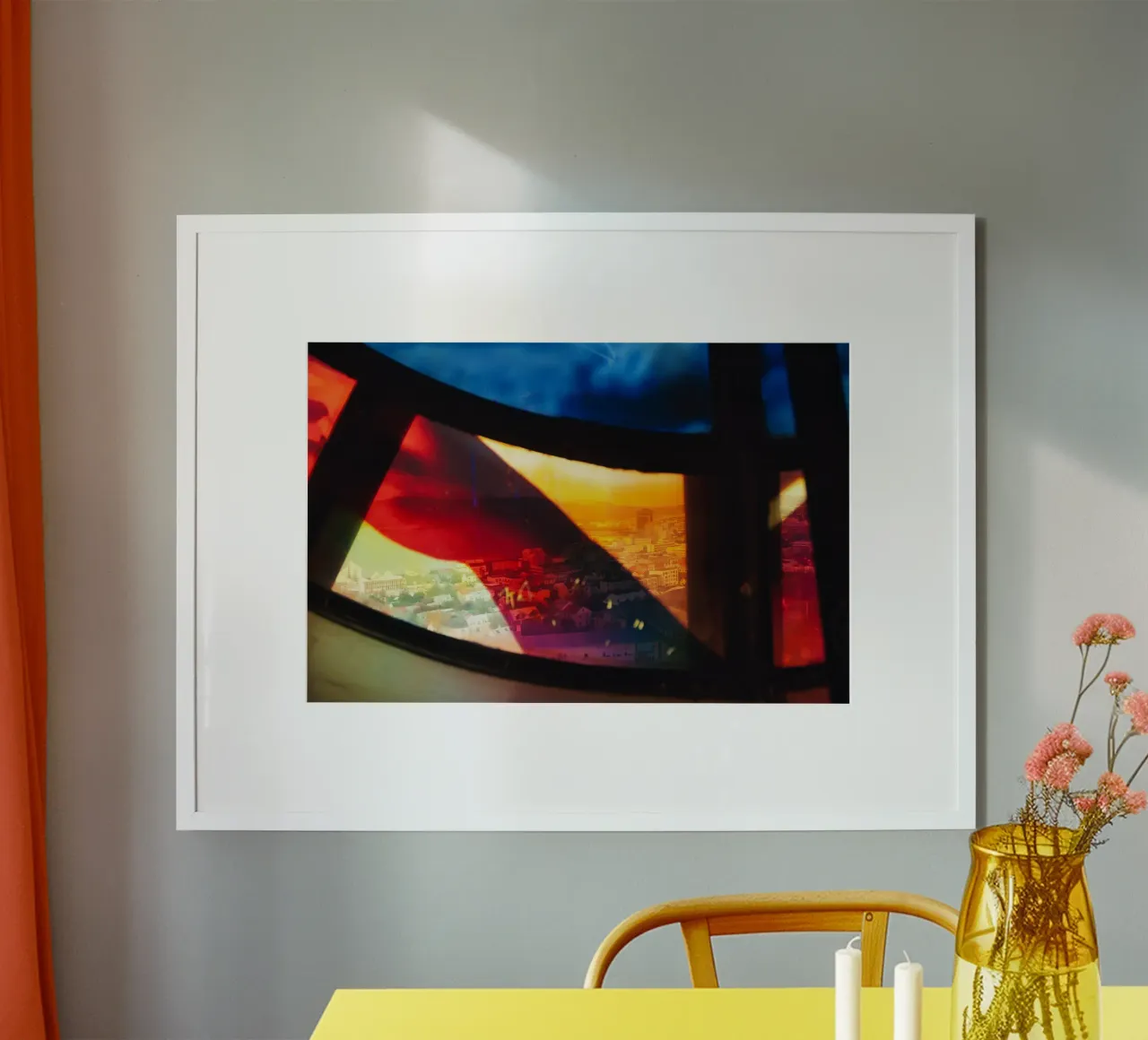 View of Reykjavik Through Hallgrímskirkja Stained Glass poster with wooden frame by Ben & Clo creations