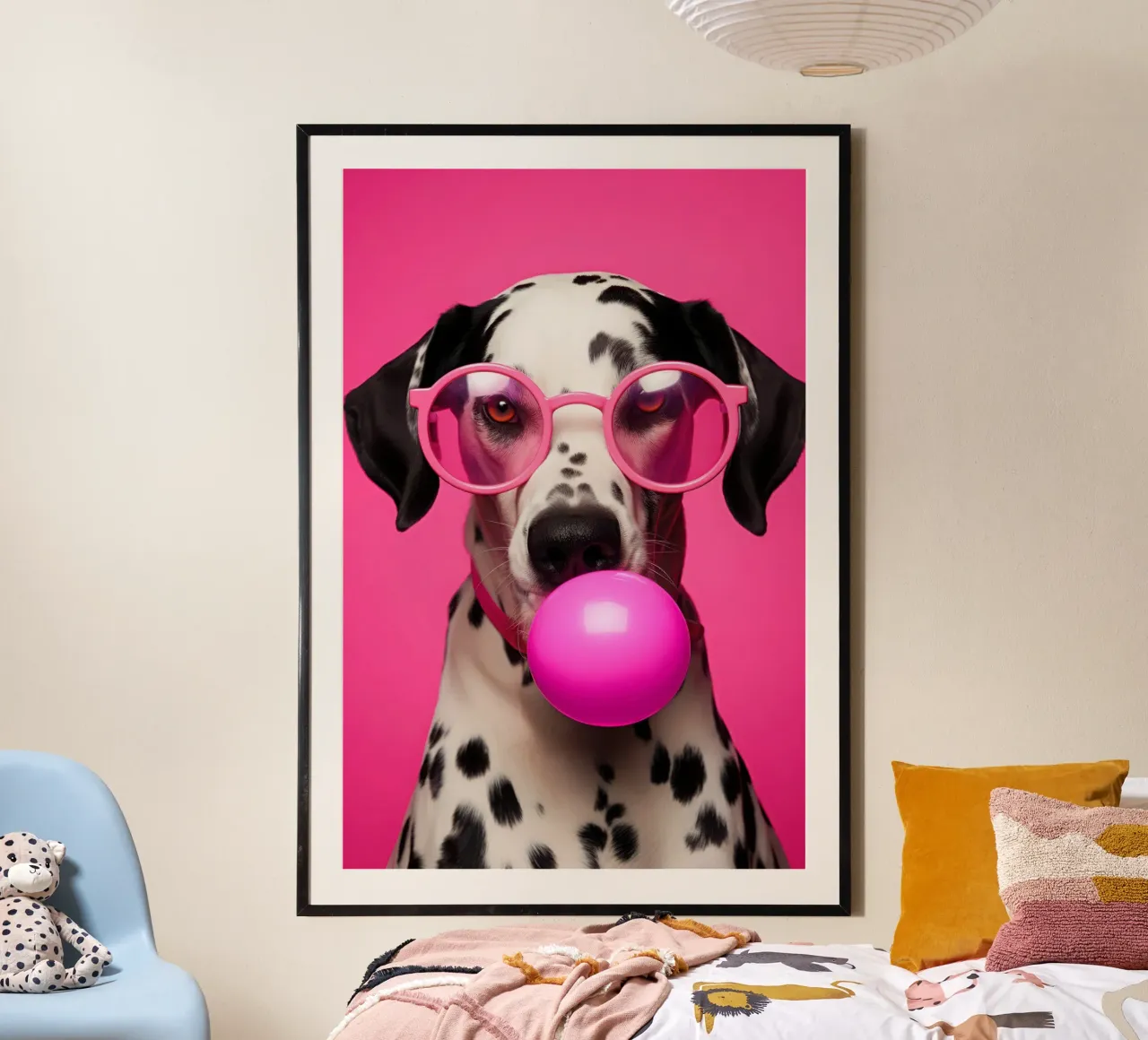 Dalmata rosa con occhiali rosa e gomma da masticare poster da Autofocus