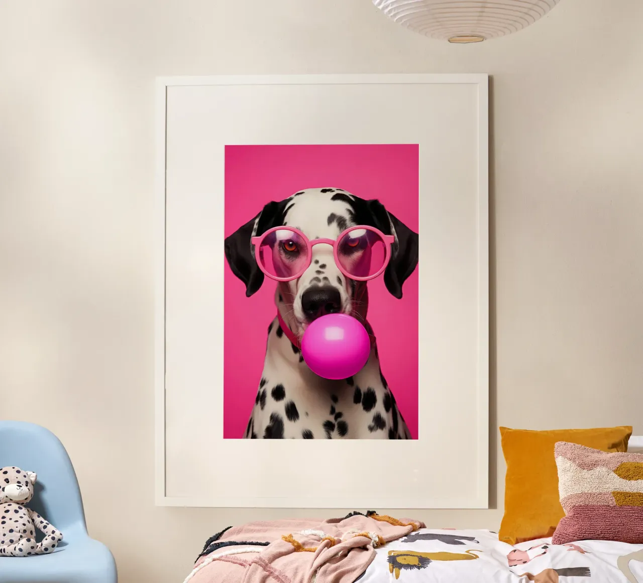 Dalmata rosa con occhiali rosa e gomma da masticare poster da Autofocus