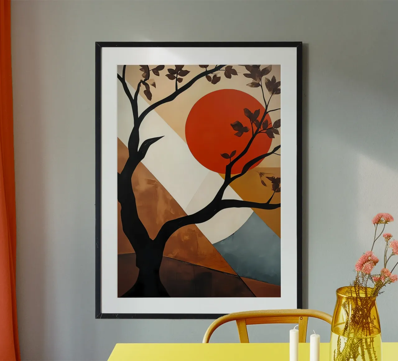 Albero geometrico al tramonto poster con telaio in alluminio da Artistic-shop