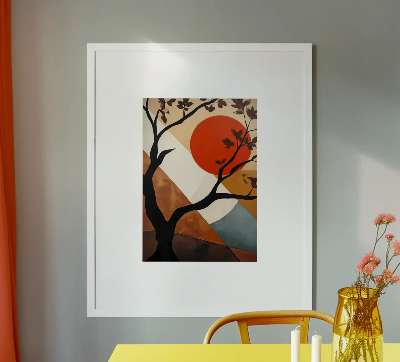 Albero geometrico al tramonto poster con telaio in alluminio da Artistic-shop