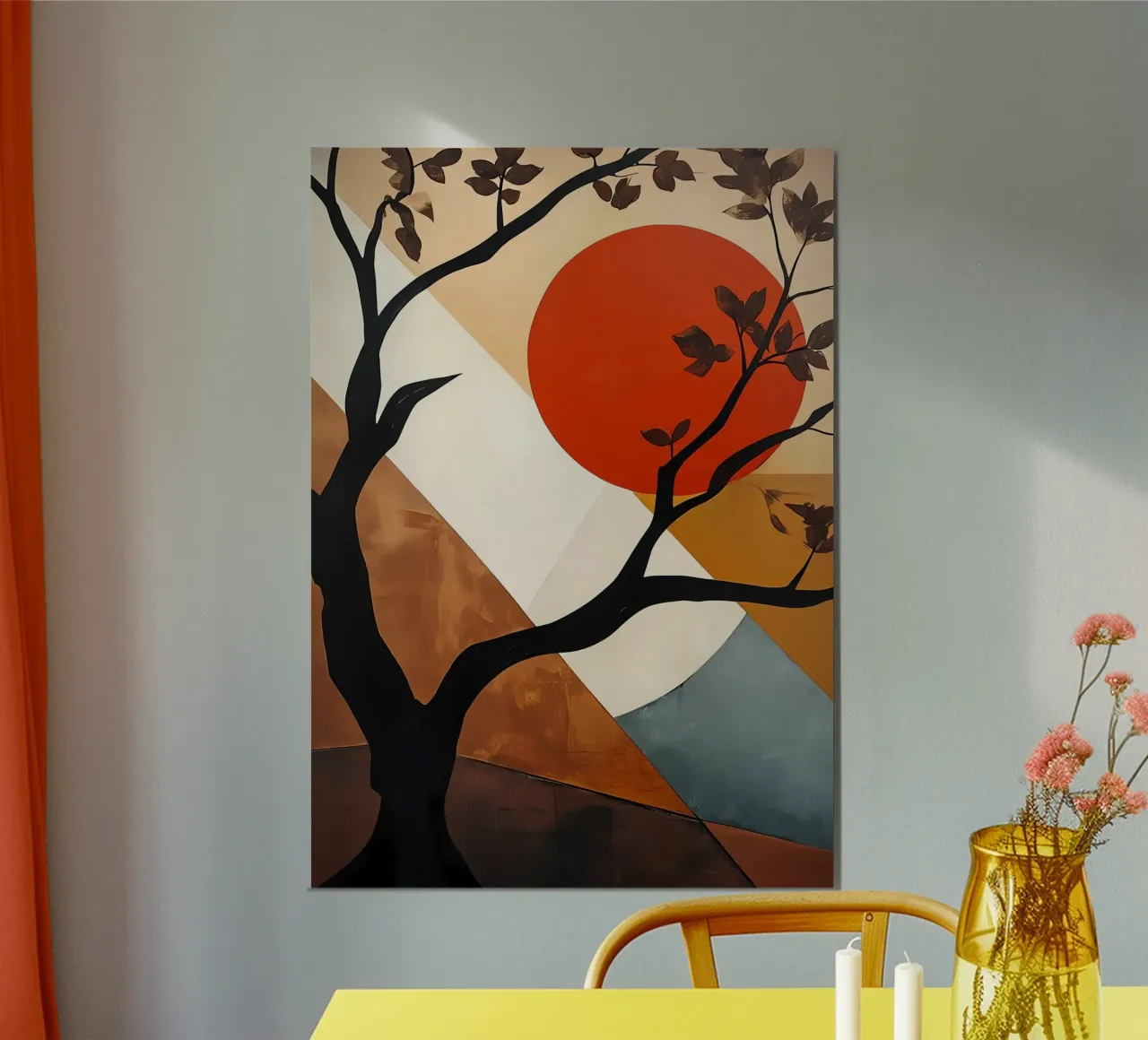 Albero geometrico al tramonto poster con telaio in alluminio da Artistic-shop