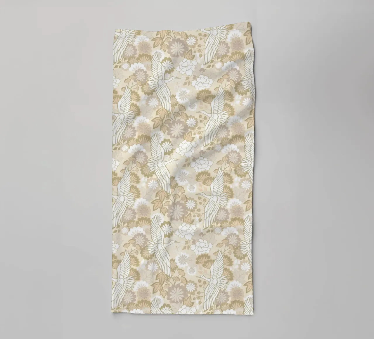 Cecilia Mok - Cranes and Chrysanthemums Beige towel by The Artcircle
