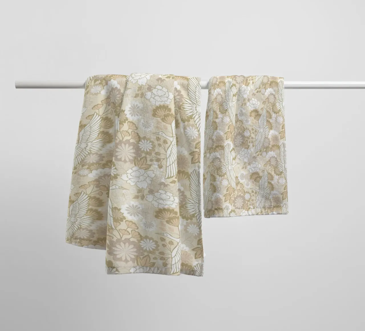 Cecilia Mok - Cranes and Chrysanthemums Beige towel by The Artcircle