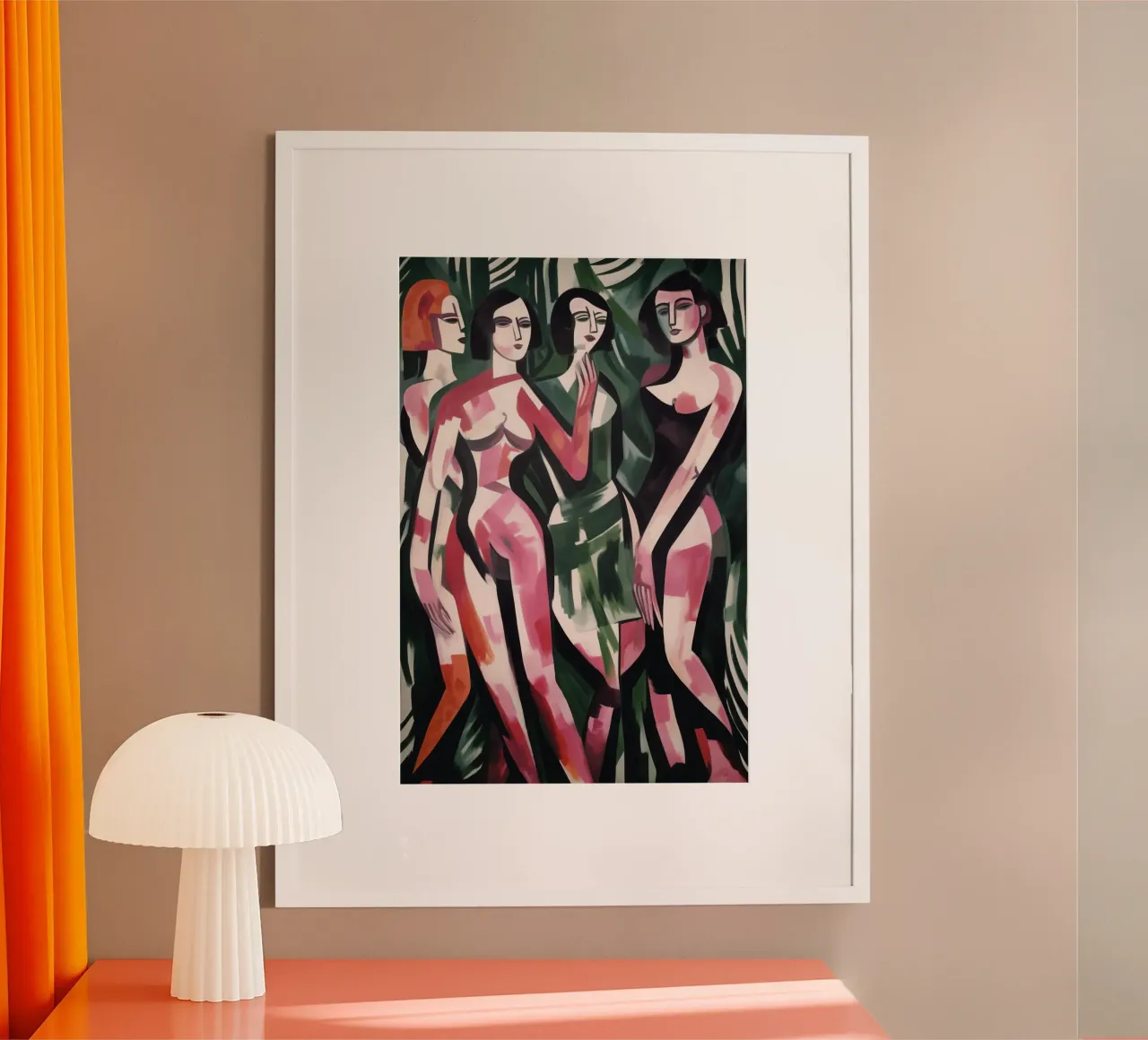 Notte delle donne espressionista in un'atmosfera da giungla poster con telaio in legno da Autofocus