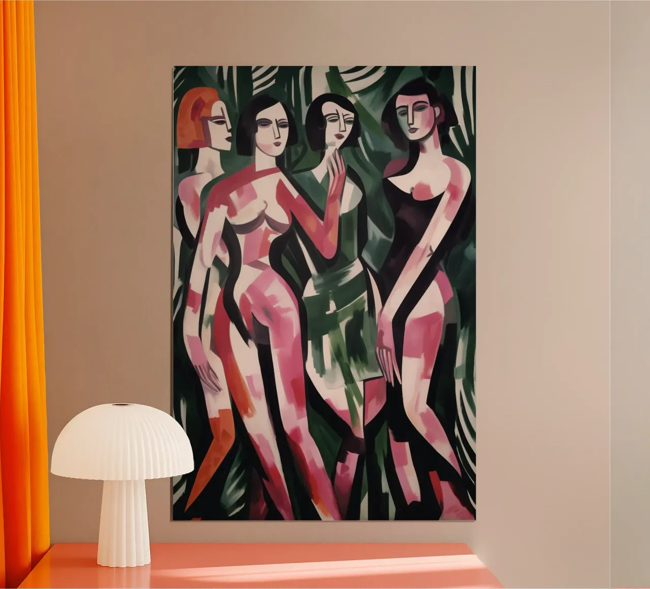 Notte delle donne espressionista in un'atmosfera da giungla poster con telaio in legno da Autofocus
