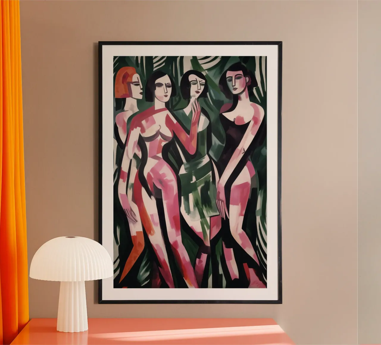 Notte delle donne espressionista in un'atmosfera da giungla poster con telaio in legno da Autofocus