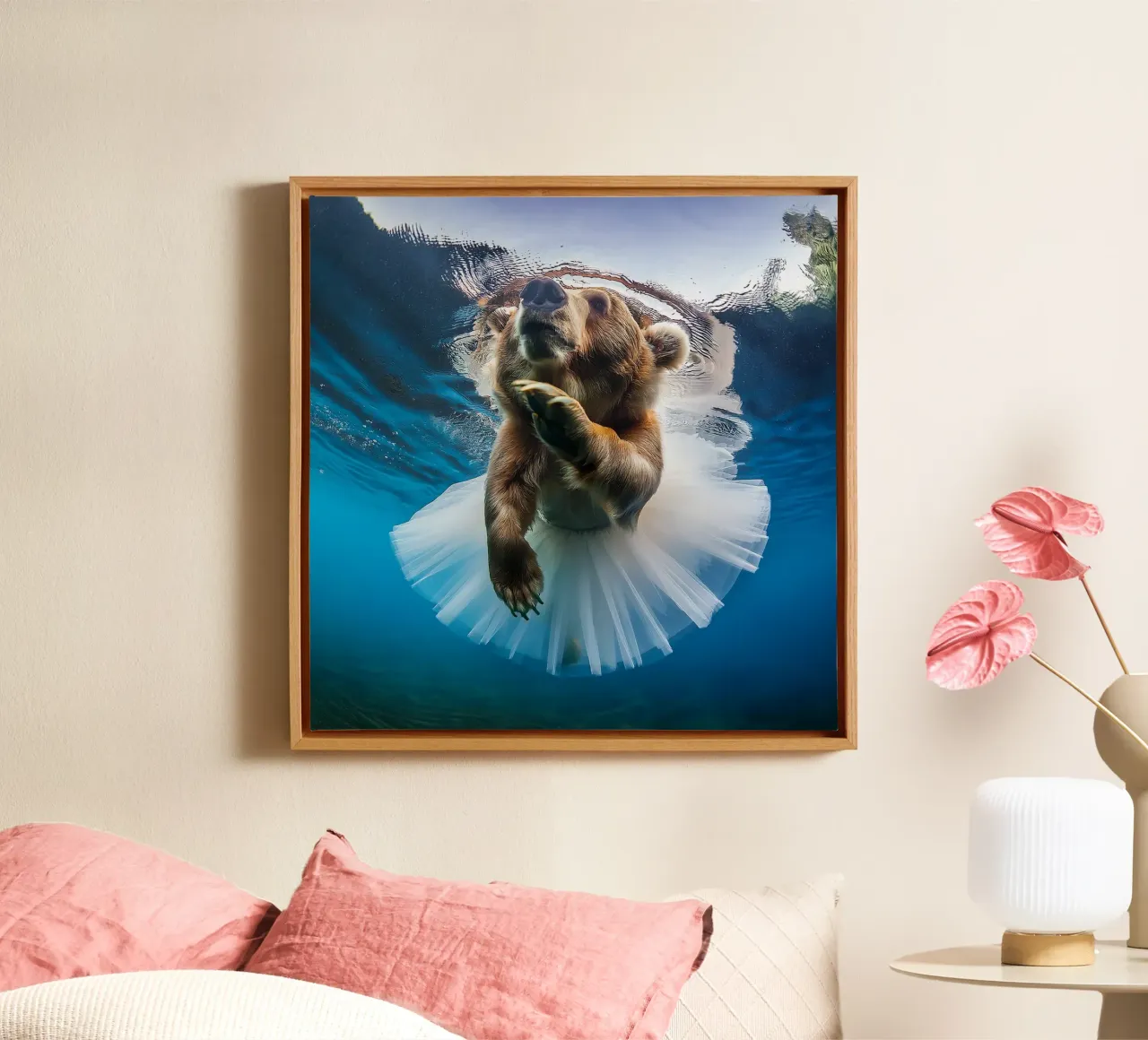 Anmutiger Bär unter Wasser im Tutu - einzigartiger Kunstdruck Leinwand mit Schattenfugenrahmen von FlexiDesignsByK