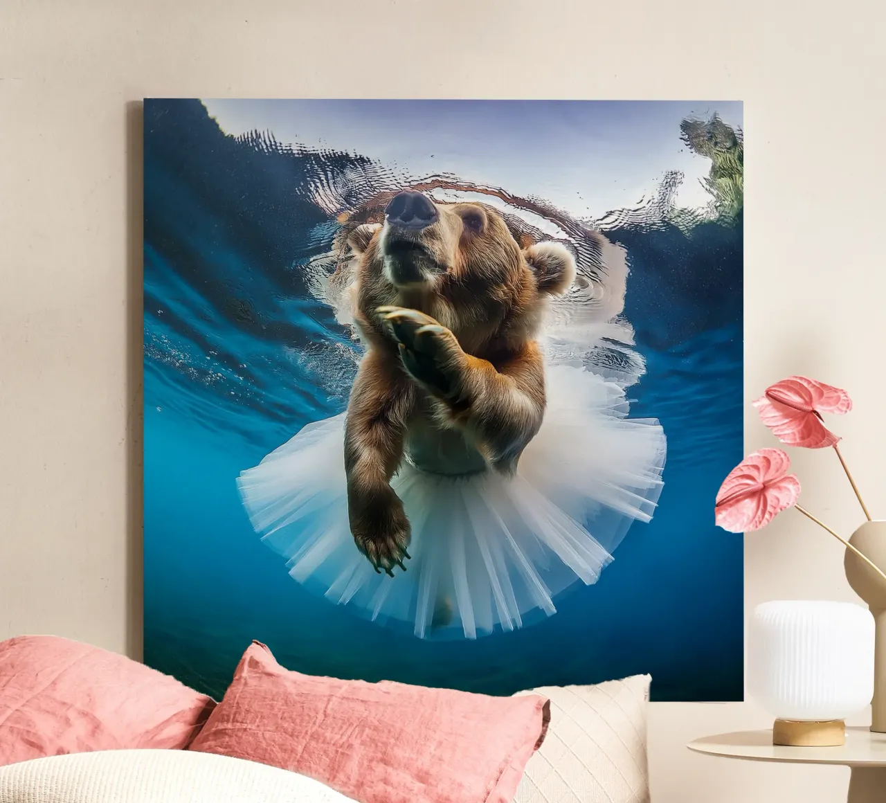Anmutiger Bär unter Wasser im Tutu - einzigartiger Kunstdruck Leinwand mit Schattenfugenrahmen von FlexiDesignsByK