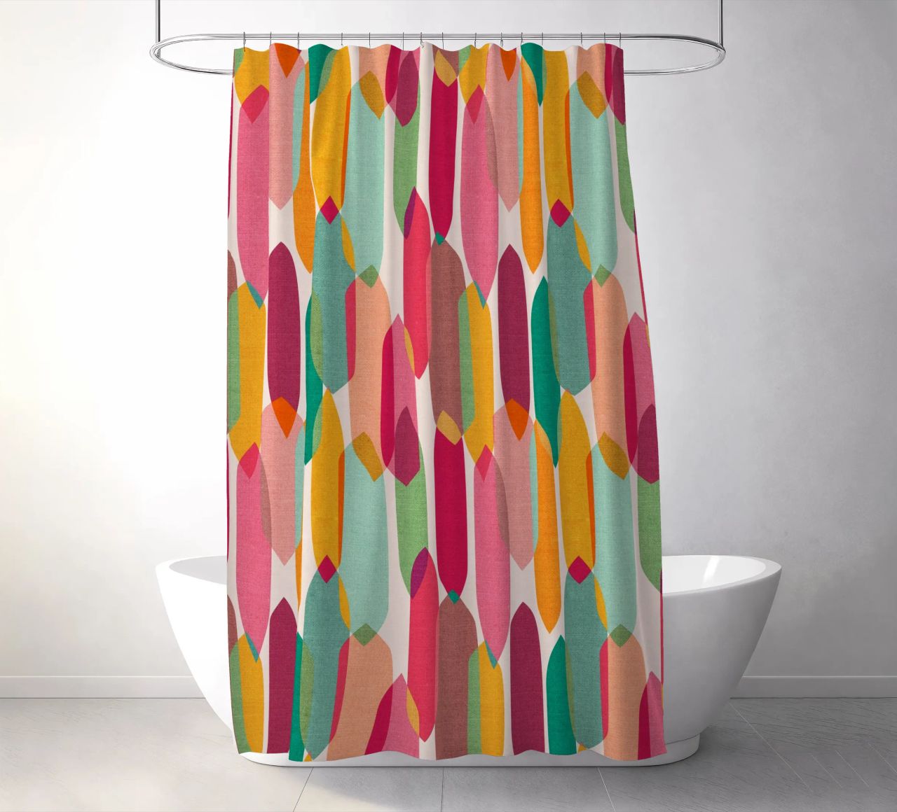 Cecilia Mok - Mid Century Droplets Joy shower curtain by The Artcircle
