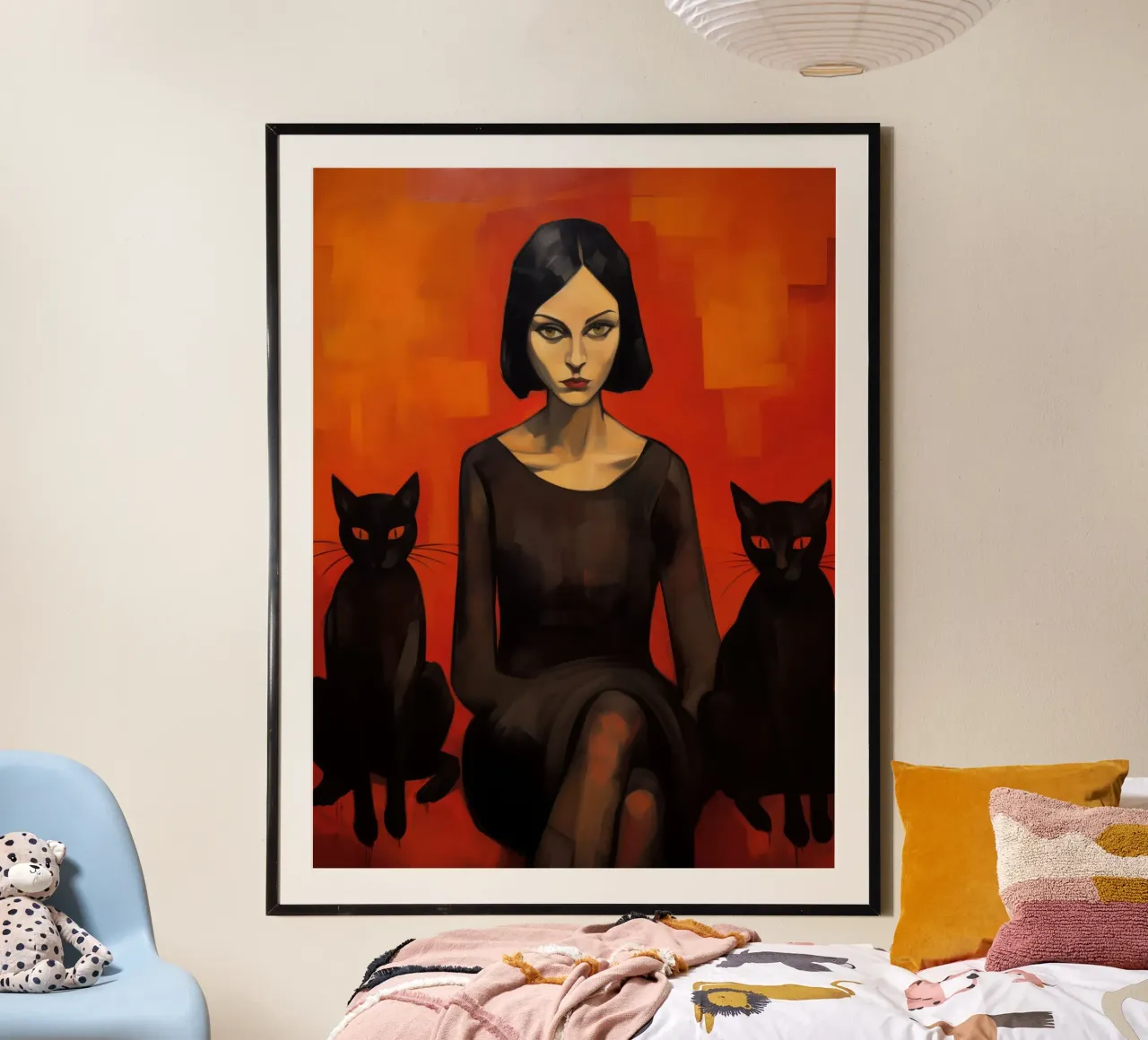 Donna con due gatti neri | Pittura classica poster da Autofocus