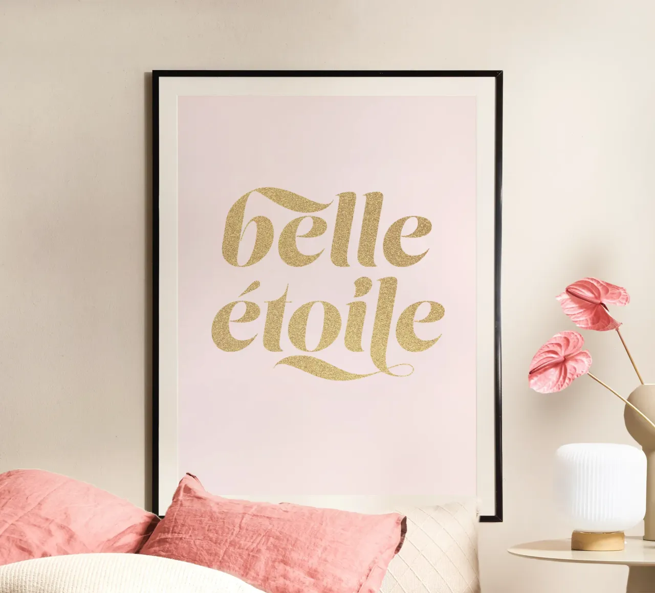 "Belle étoile" Keep Shining Typographic Art Pink & Faux Gold poster with wooden frame by Dominique Vari Words