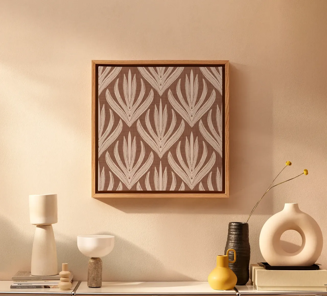 Retro Folk Leaf Mocha Mousse - Mid Century Modern Botanisch canvas met Baklijst van susanacosta
