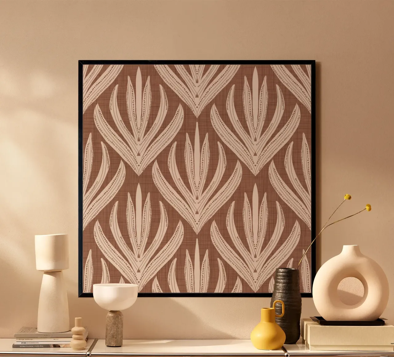Retro Folk Leaf Mocha Mousse - Botanica moderna del Medio Secolo poster con telaio in alluminio da susanacosta