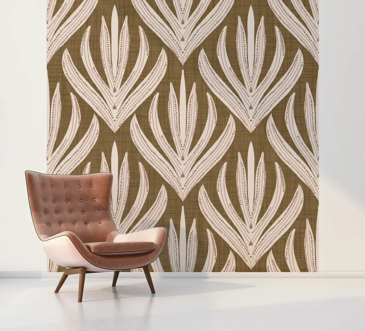 Retro Folk Leaf Dull Gold PANTONE 17-0935 - Mid Century Mod Fototapete von susanacosta