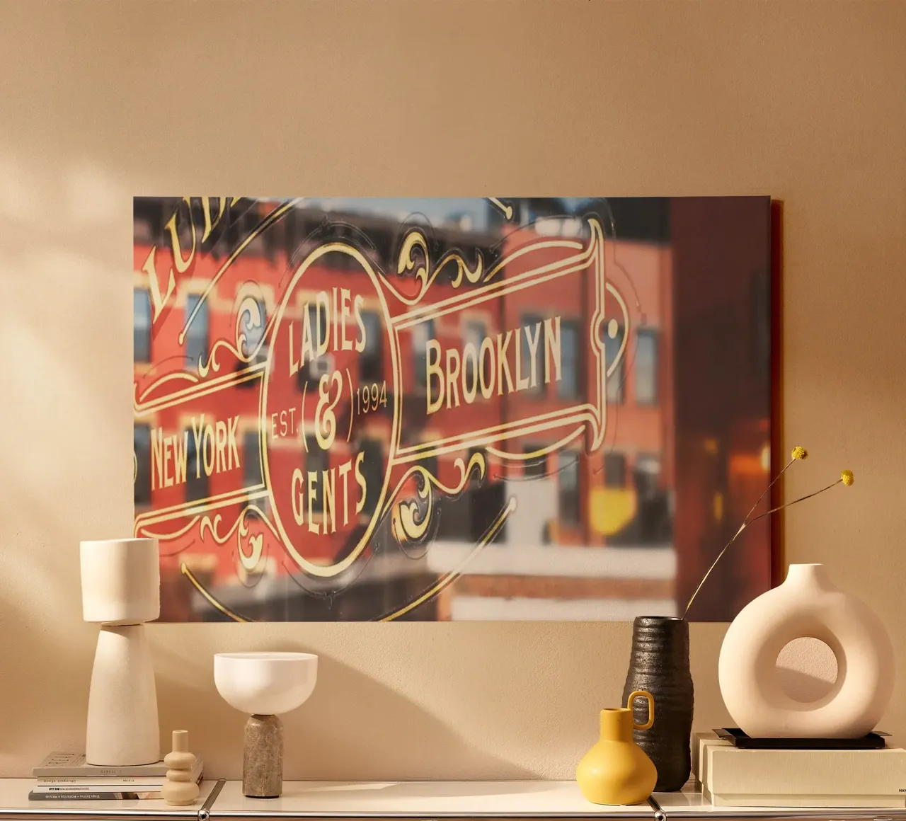 New York, VS I NYC skyline weerspiegeld in tentoonstellingsraam canvas met Baklijst van Julie Travel Photography