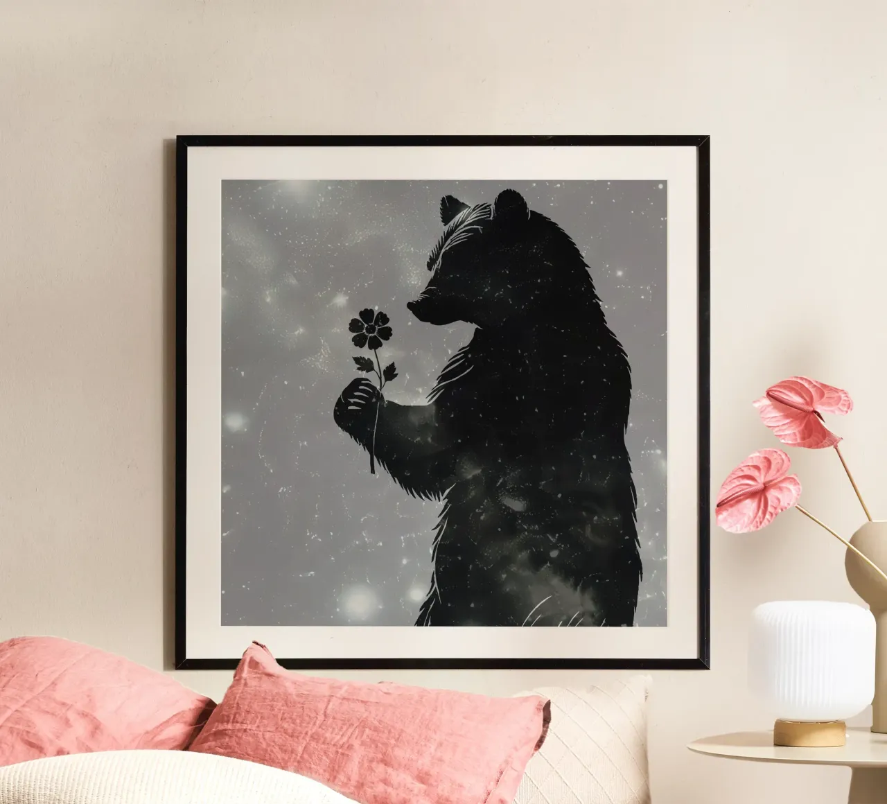 Sagoma di un orso con un fiore poster da namosh