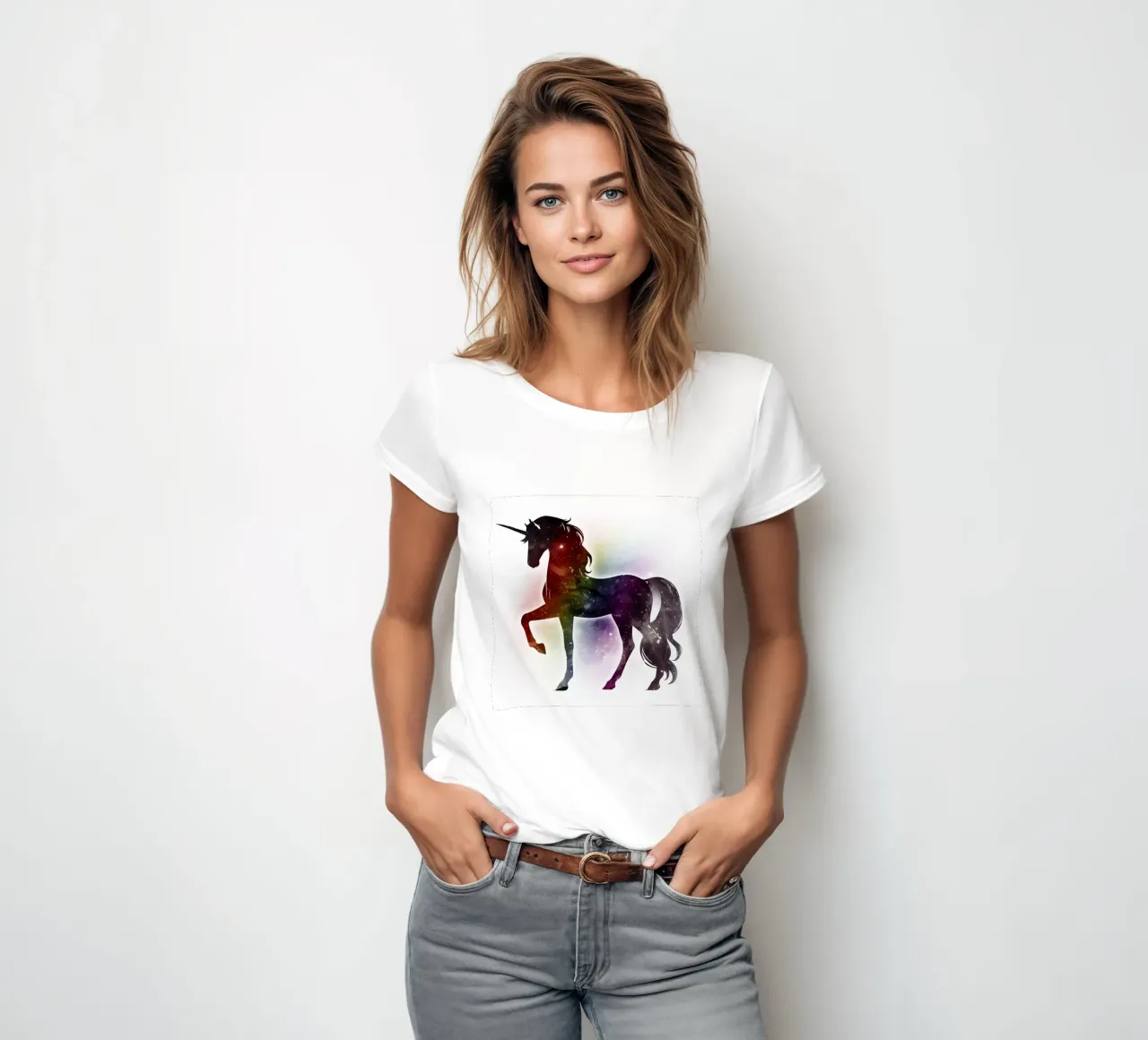 Silhouette de licorne et couleurs douces de l'arc-en-ciel t-shirt ajusté pour femmes de namosh