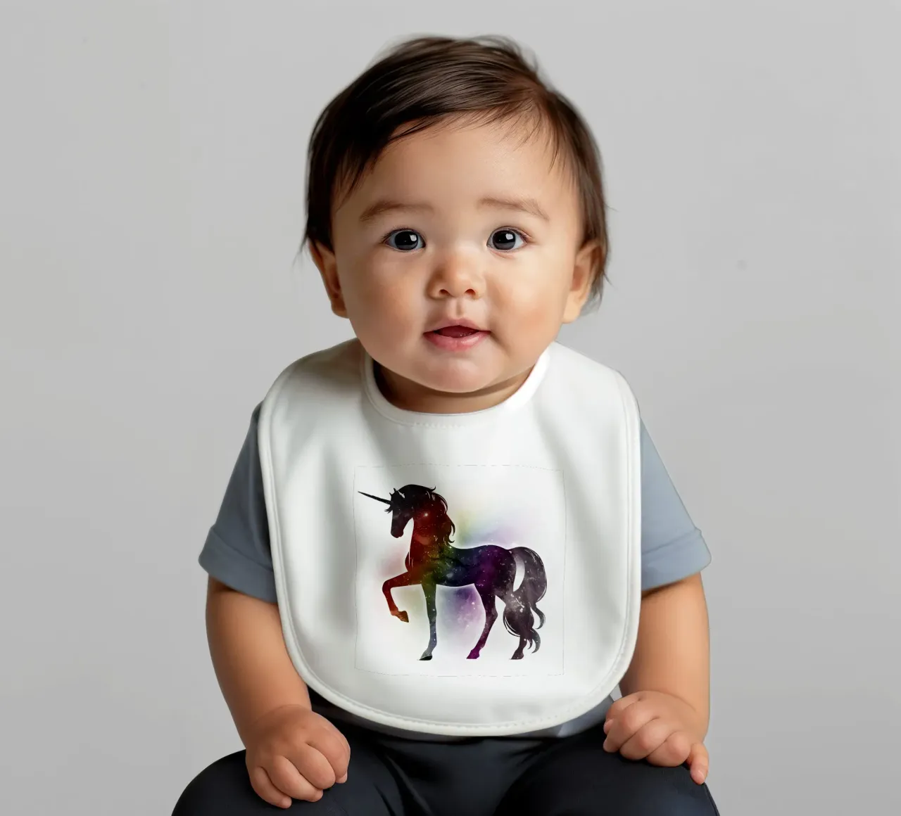Silhouette of a unicorn and soft rainbow colours baby bib by namosh