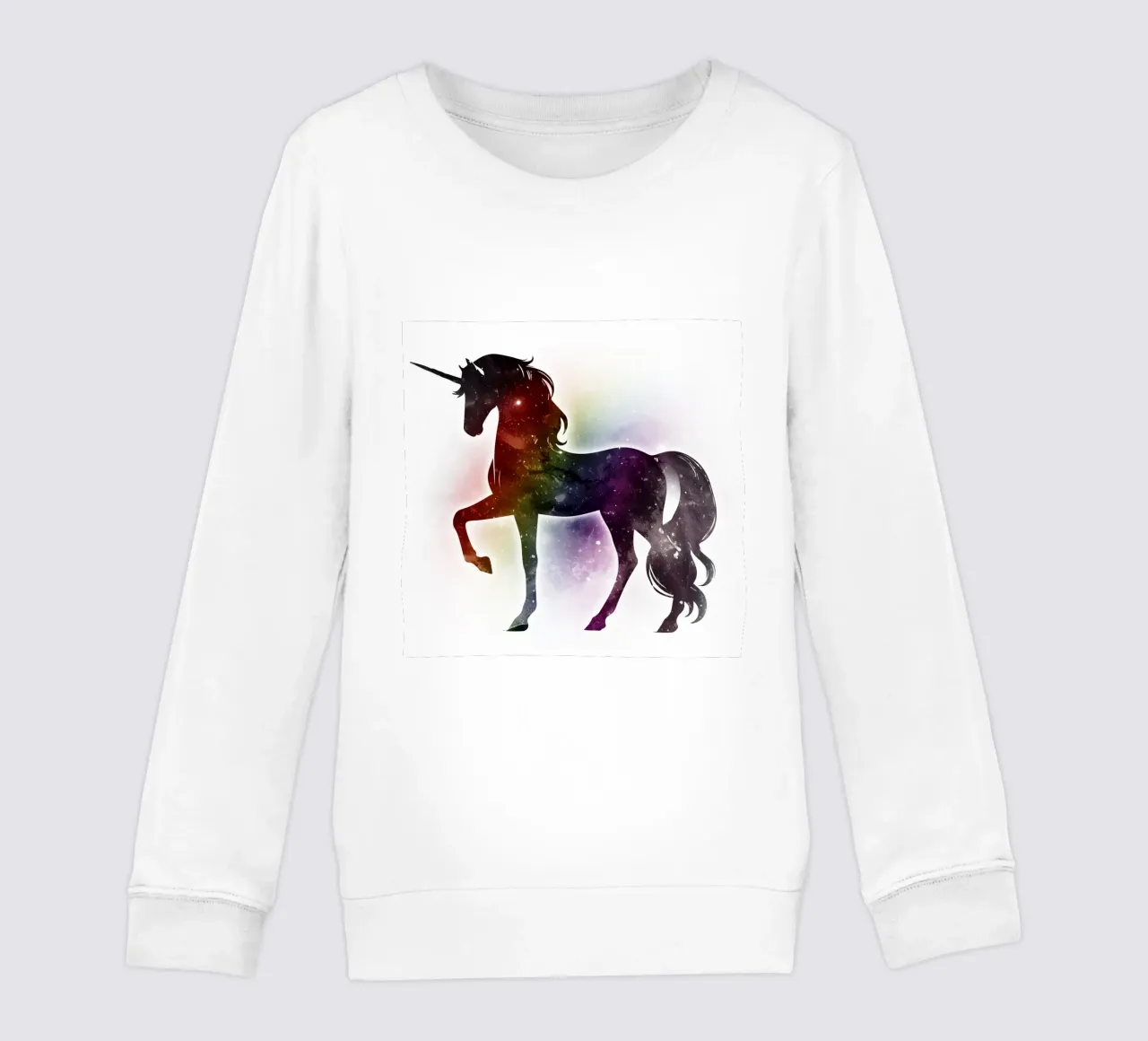 Silhouet van een eenhoorn en zachte regenboogkleuren kinder sweatshirt van namosh