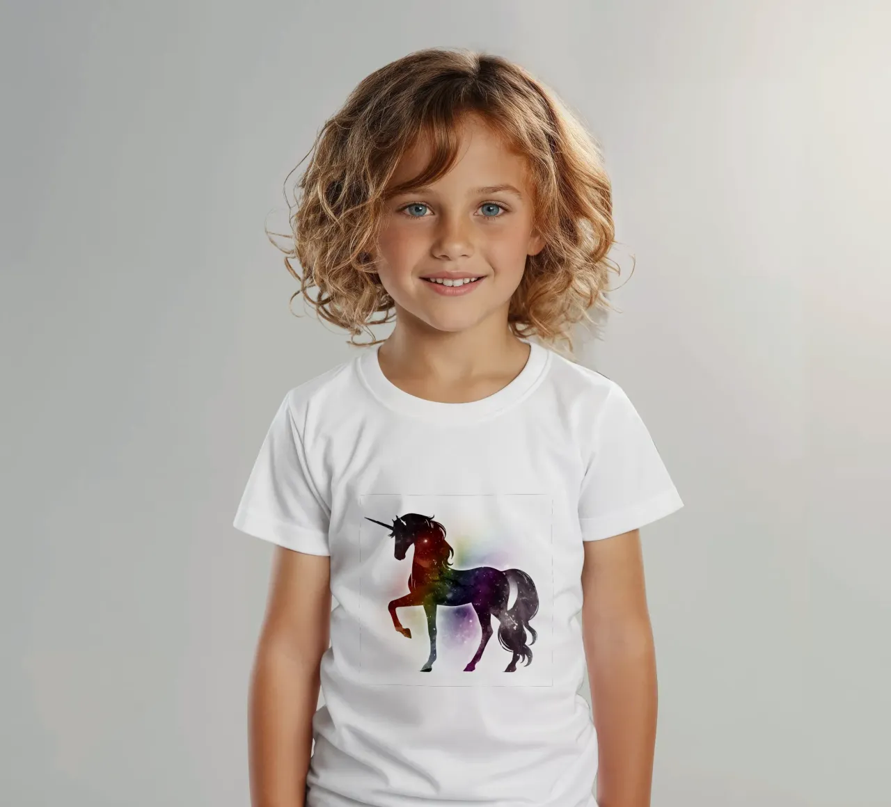Silhouette of a unicorn and soft rainbow colours kids t-shirt by namosh