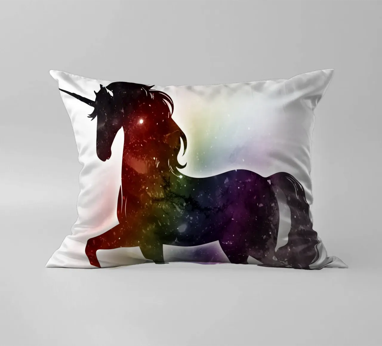 Silhouette of a unicorn and soft rainbow colours decorative cushion by namosh