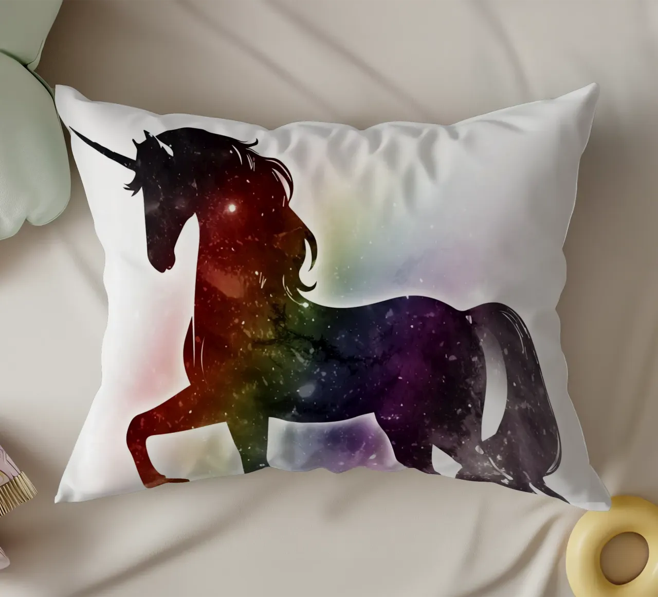 Silhouette of a unicorn and soft rainbow colours decorative cushion by namosh