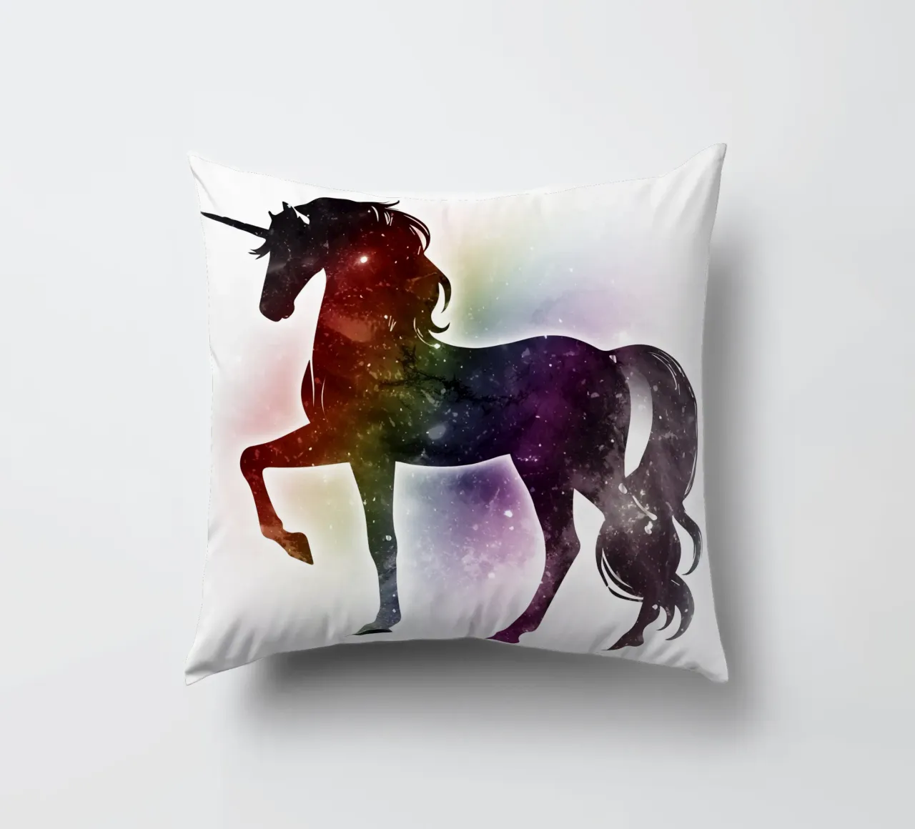 Silhouette of a unicorn and soft rainbow colours decorative cushion by namosh
