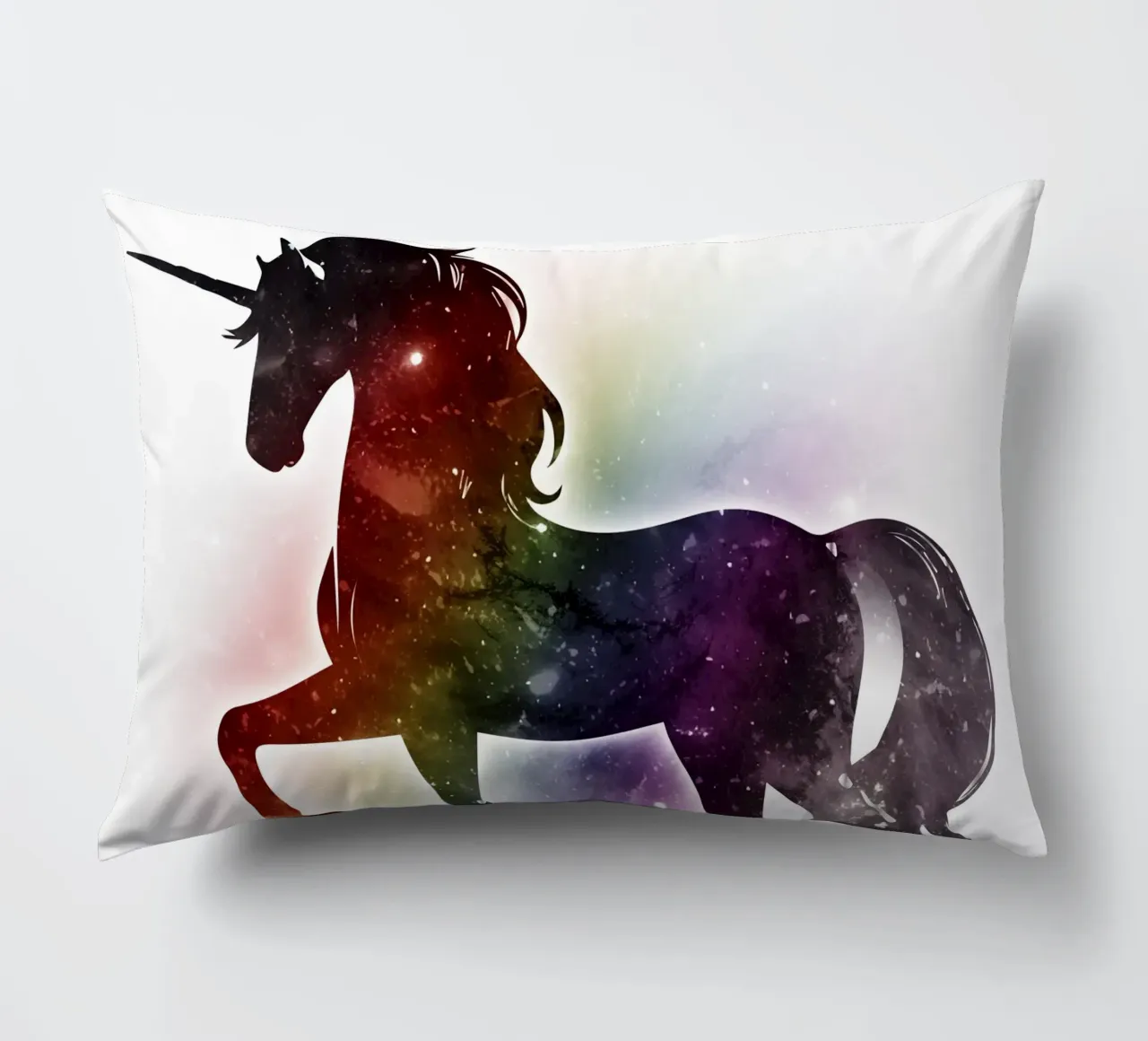 Silhouette of a unicorn and soft rainbow colours decorative cushion by namosh