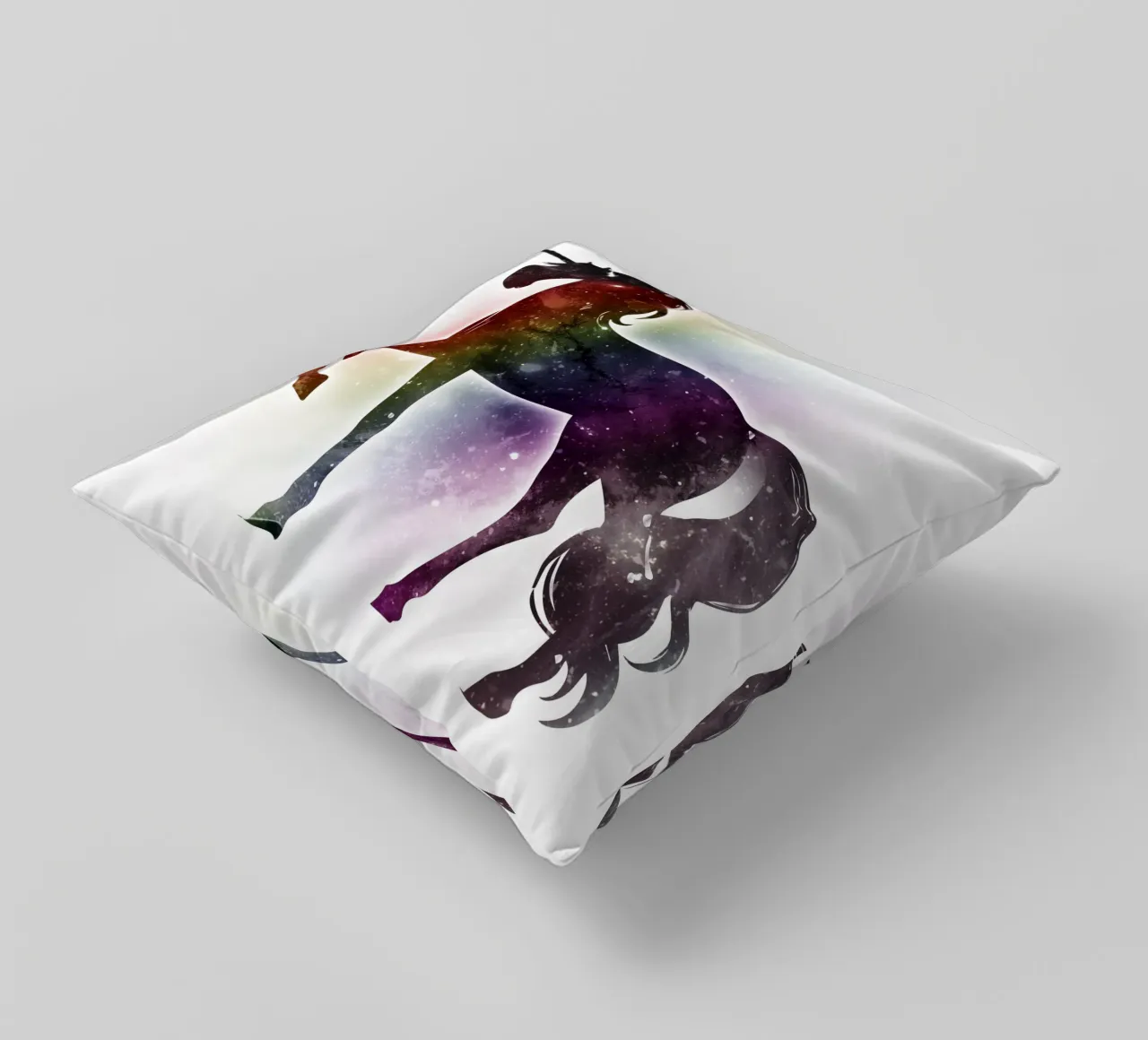 Silhouette of a unicorn and soft rainbow colours decorative cushion by namosh