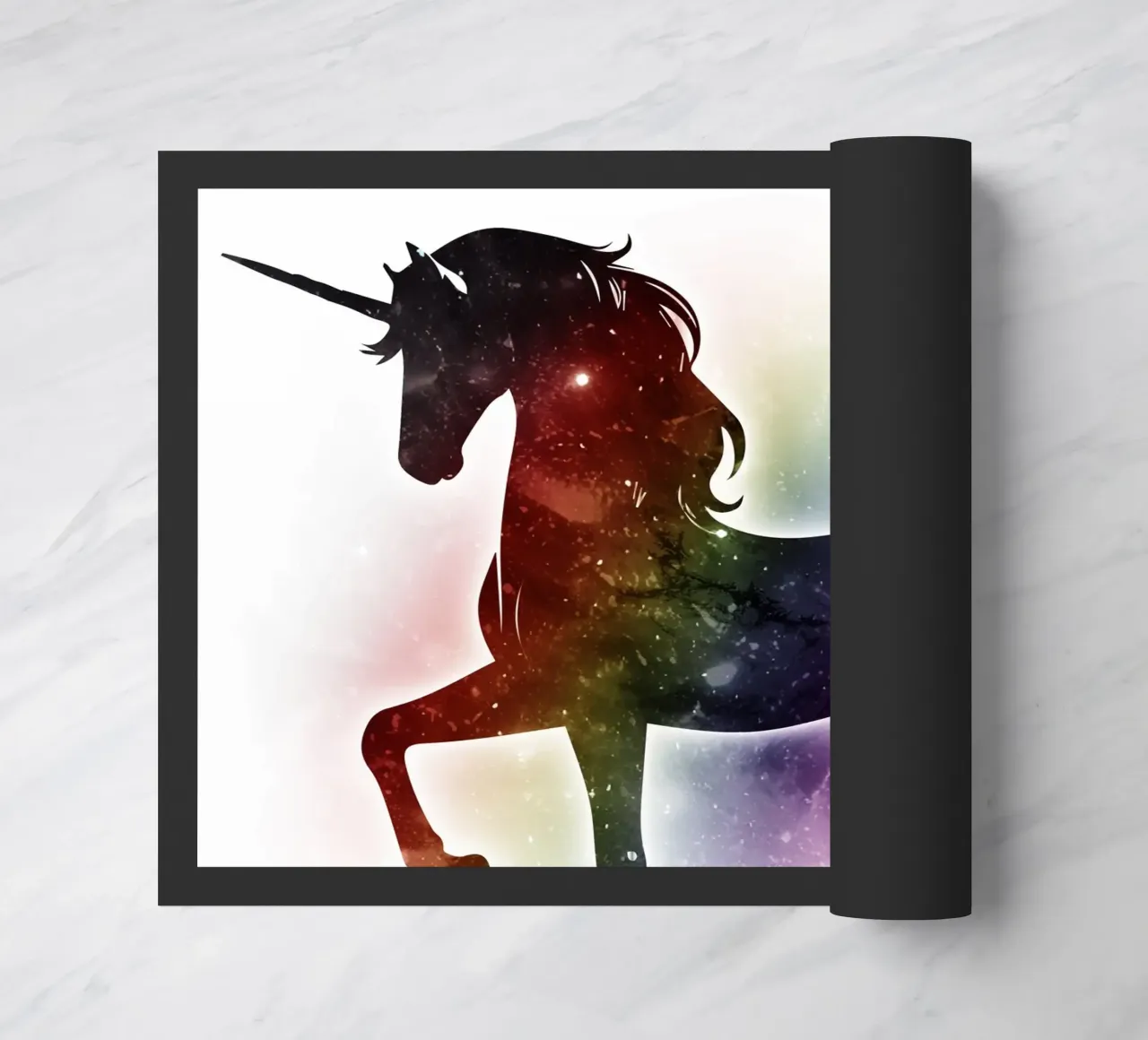 Silhouette of a unicorn and soft rainbow colours doormat by namosh