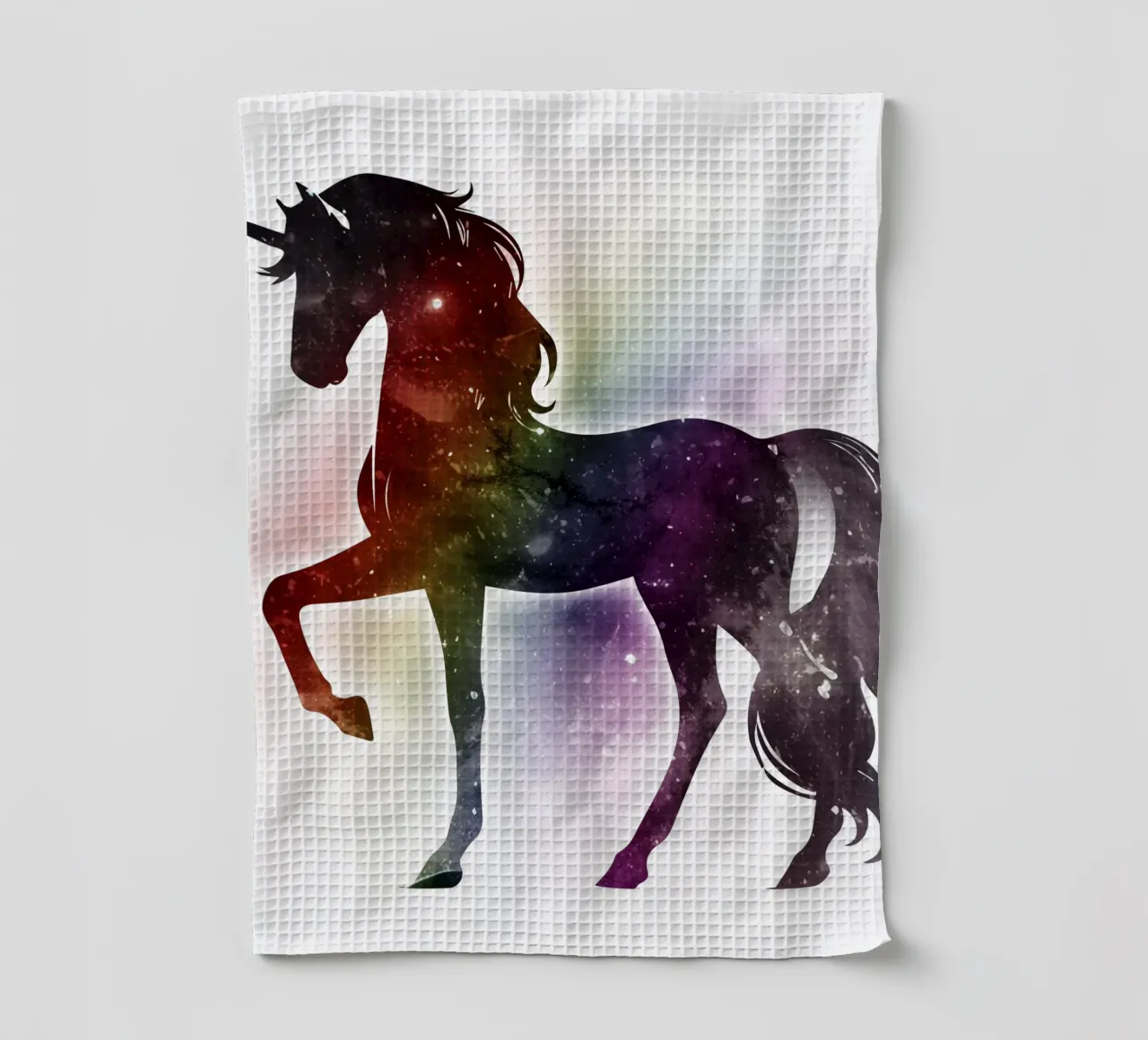 Silhouette of a unicorn and soft rainbow colours tea towel by namosh
