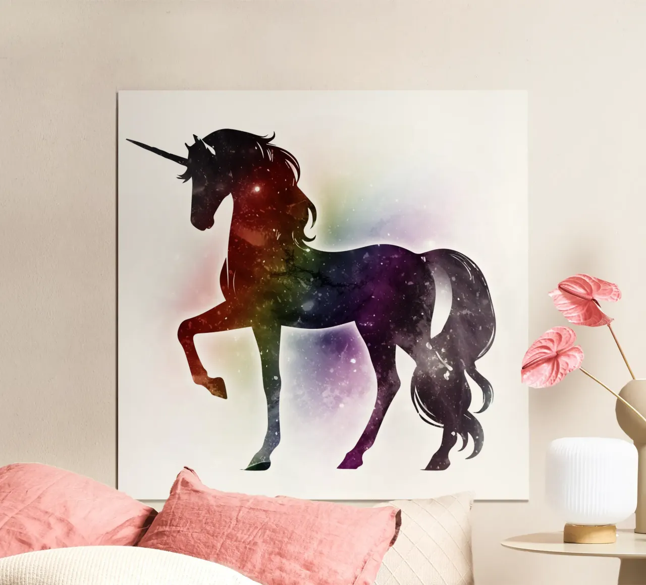 Silhouette of a unicorn and soft rainbow colours hahnemühle by namosh