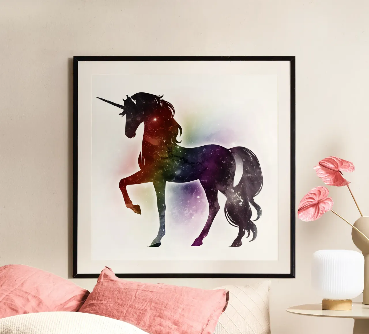 Silhouette of a unicorn and soft rainbow colours hahnemühle by namosh