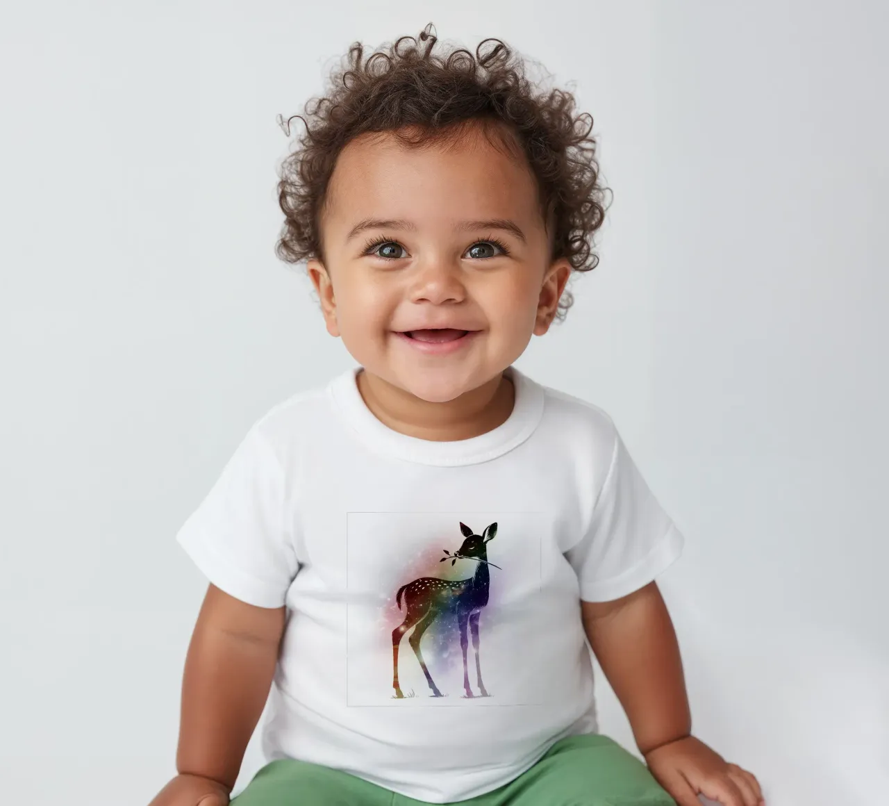Fawn silhouette - starry landscape in rainbow colours baby t-shirt by namosh