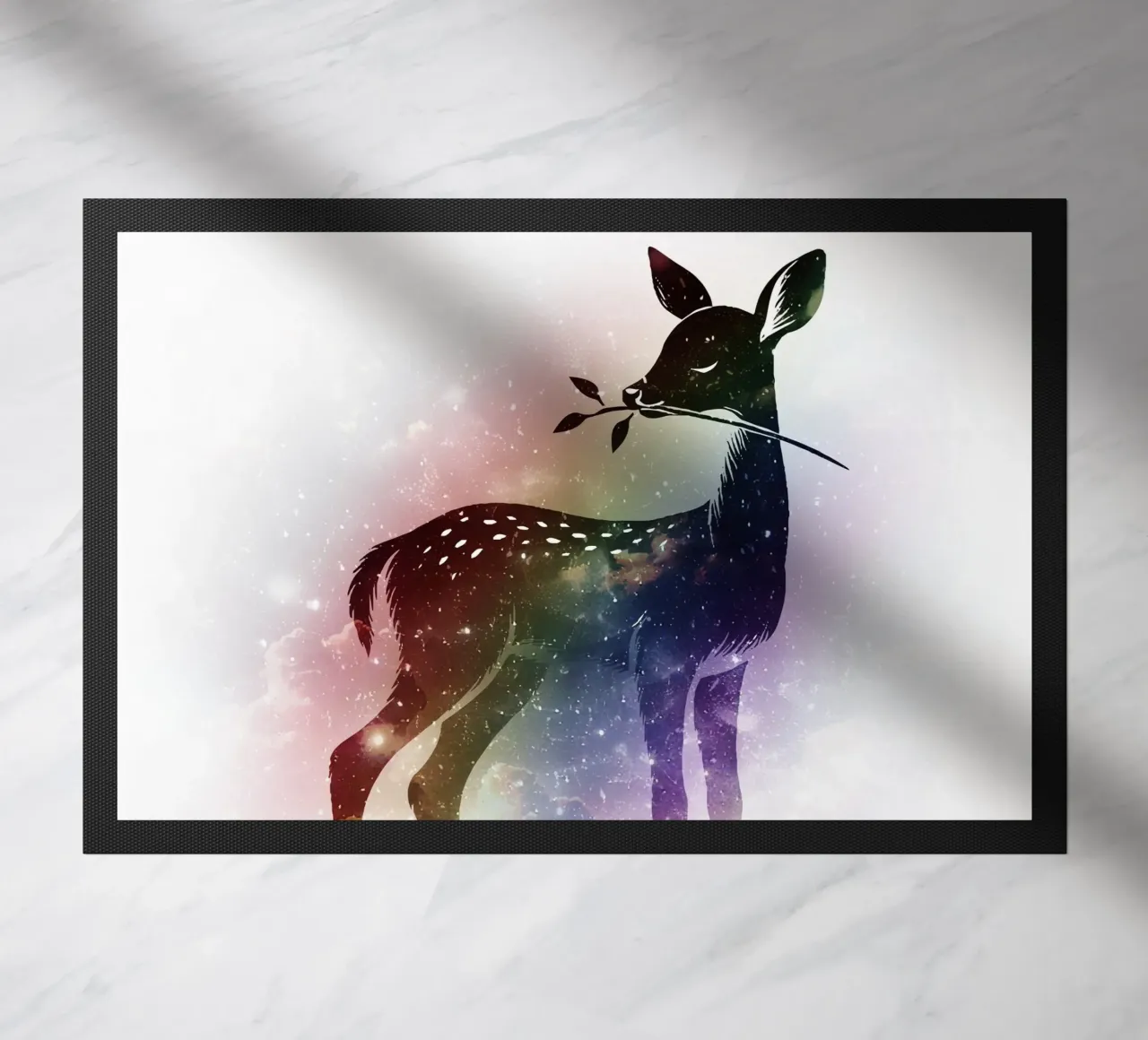 Silhouette di un cerbiatto - paesaggio stellato con i colori dell'arcobaleno zerbino da namosh