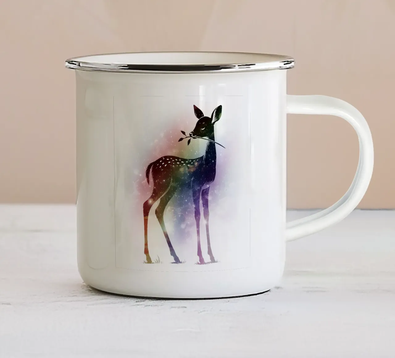 Silhouette di un cerbiatto - paesaggio stellato con i colori dell'arcobaleno tazza in smalto da namosh