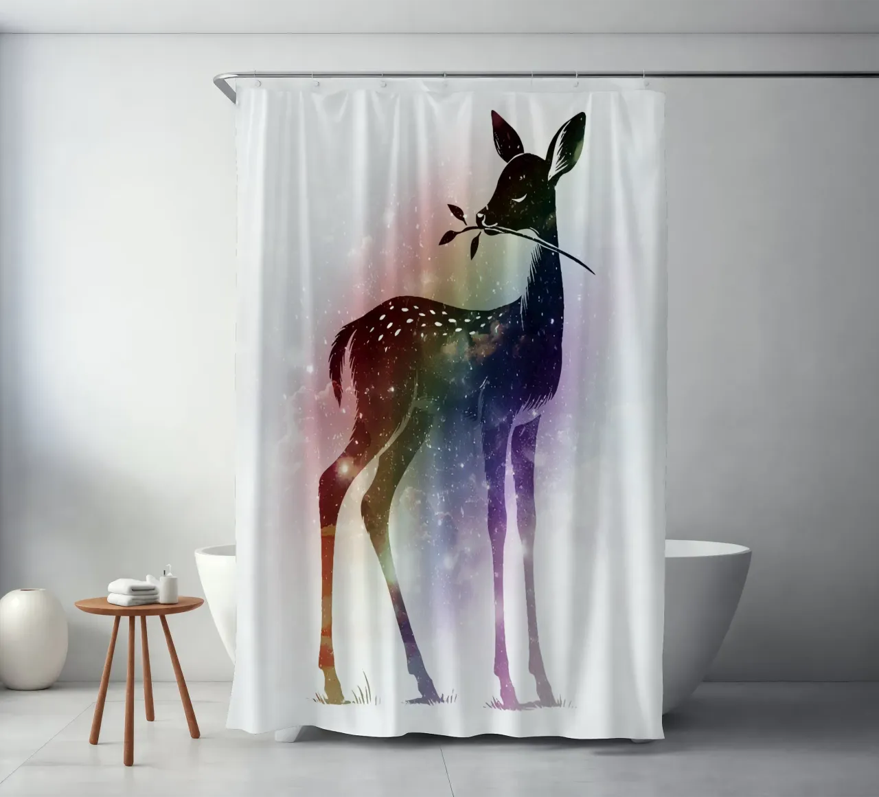 Silhouette di un cerbiatto - paesaggio stellato con i colori dell'arcobaleno tenda da doccia da namosh