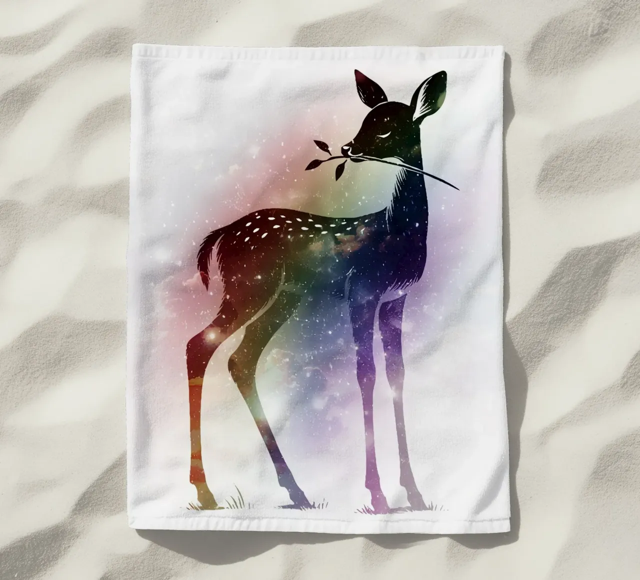 Silhouette di un cerbiatto - paesaggio stellato con i colori dell'arcobaleno telo mare da namosh