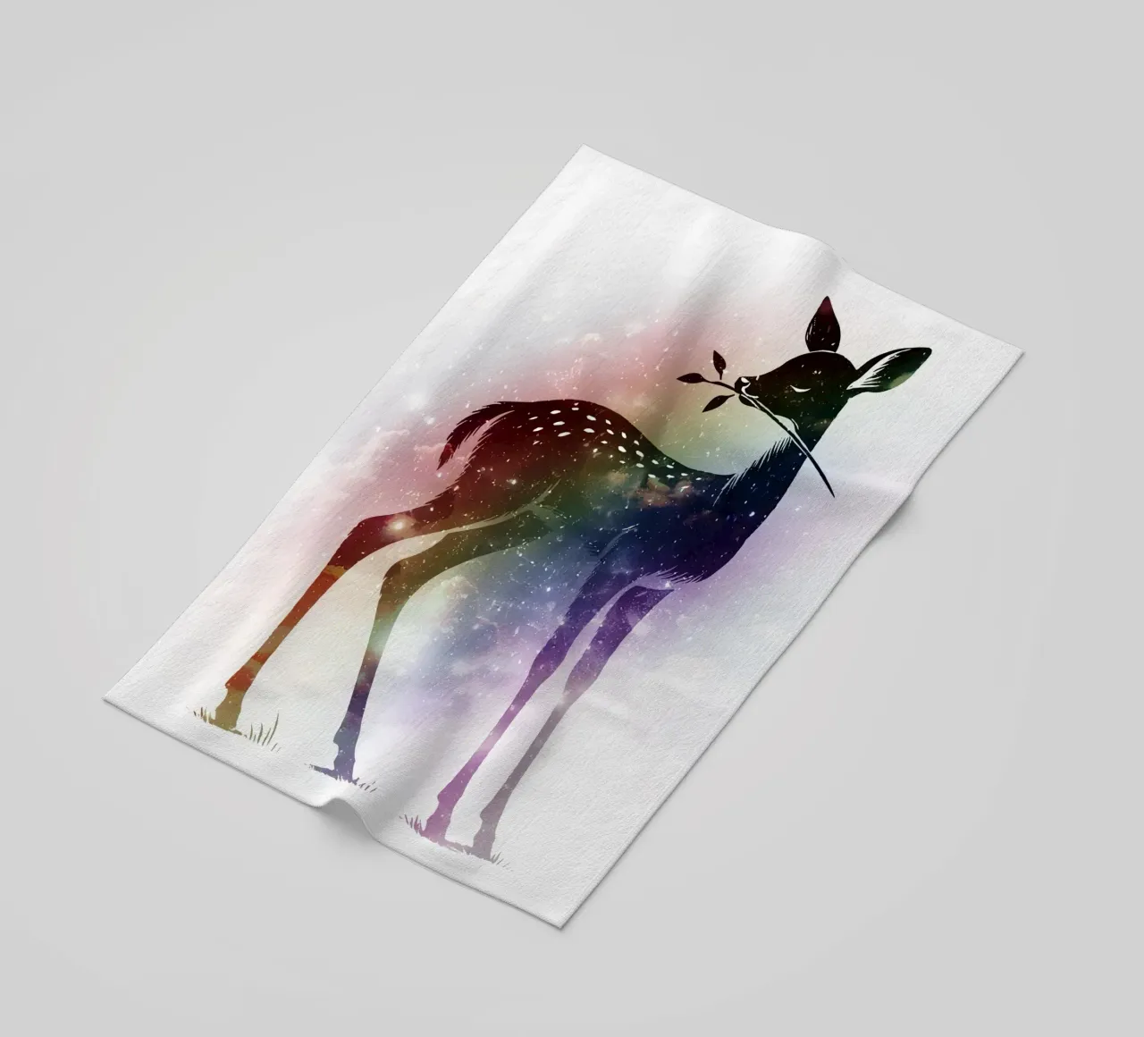 Silhouette di un cerbiatto - paesaggio stellato con i colori dell'arcobaleno telo mare da namosh