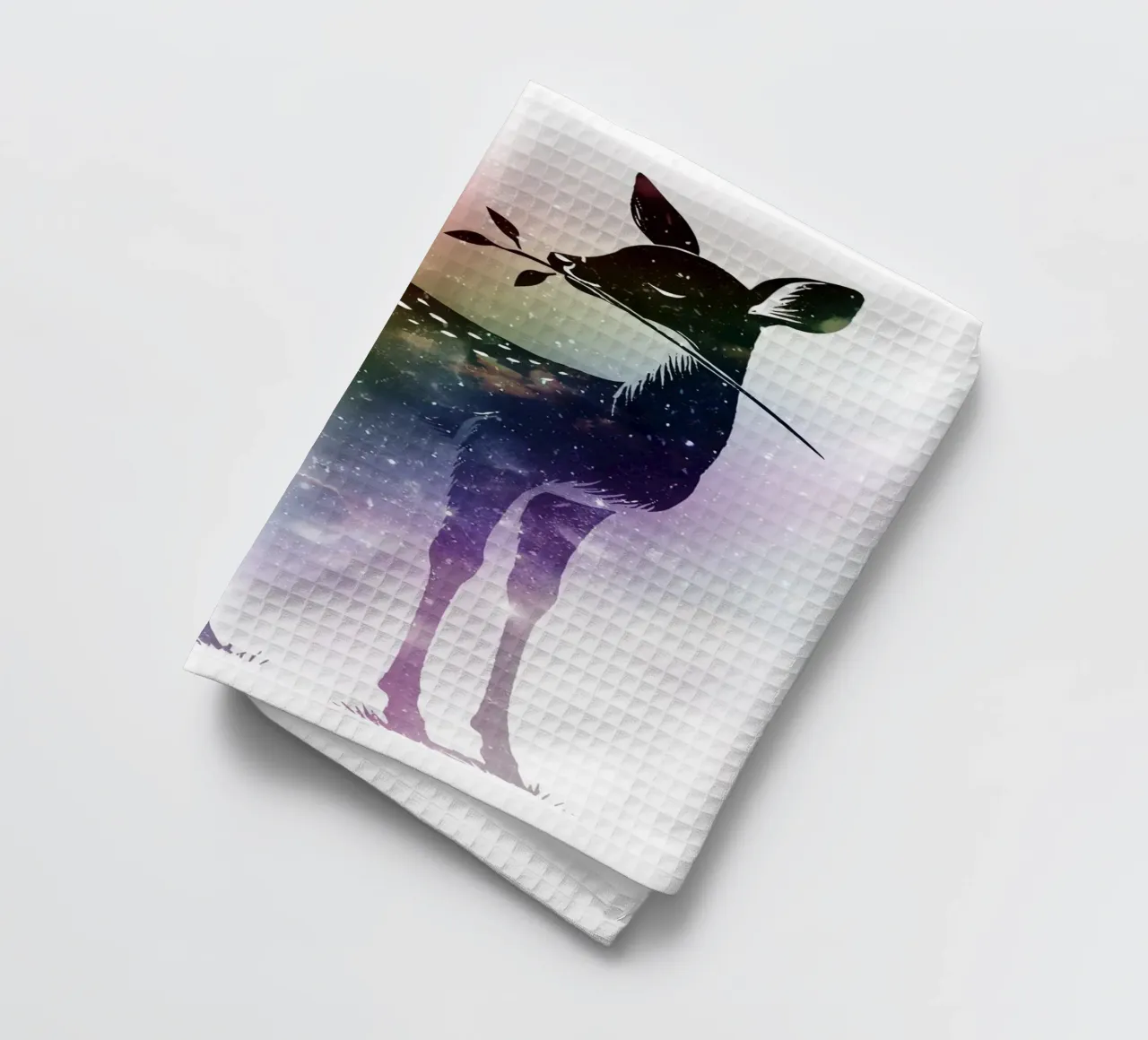 Silhouette di un cerbiatto - paesaggio stellato con i colori dell'arcobaleno canovaccio da cucina da namosh