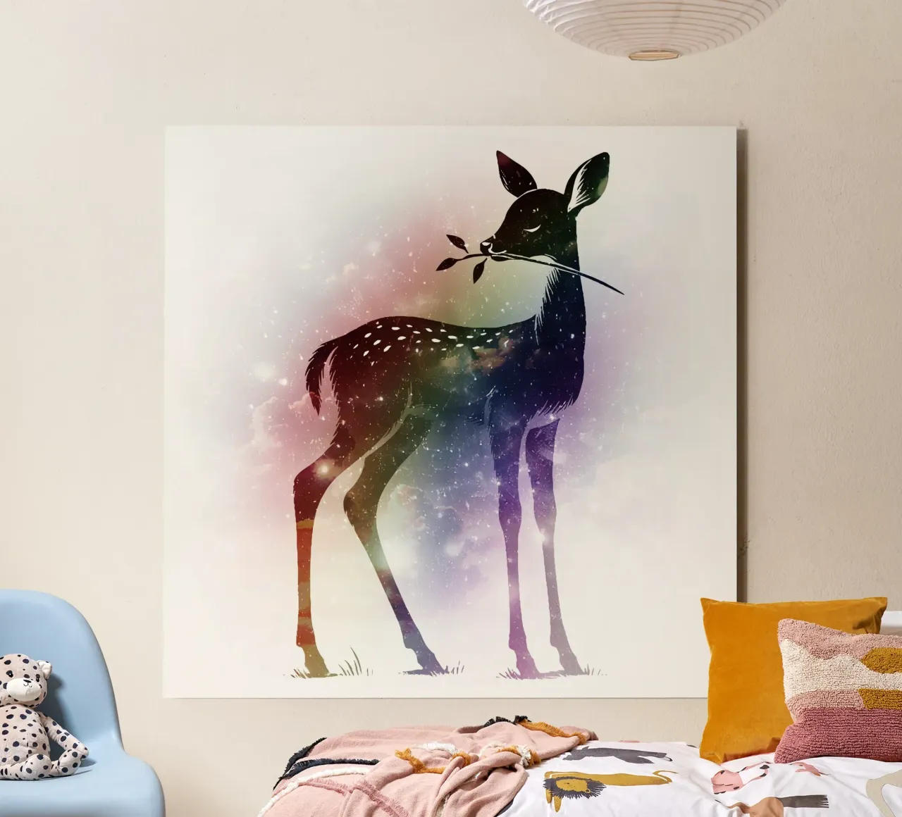 Silhouette di un cerbiatto - paesaggio stellato con i colori dell'arcobaleno alluminio dibond da namosh