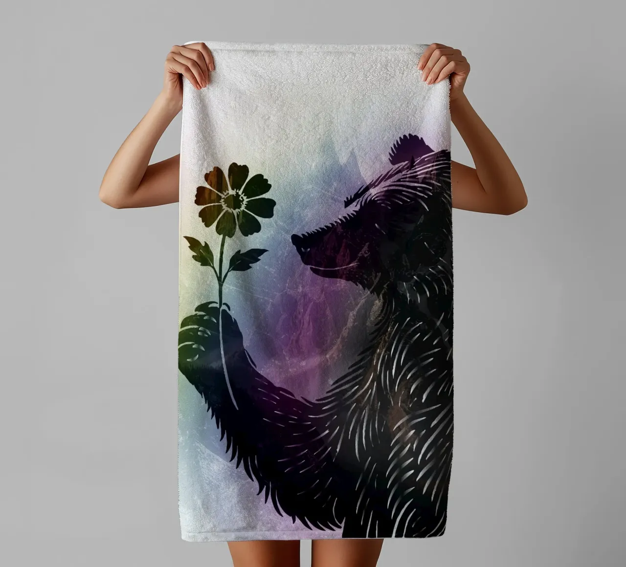 Bear with flower - bear motif with soft rainbow colours towel by namosh