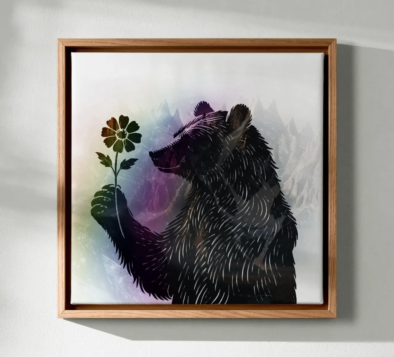 Bear with flower - bear motif with soft rainbow colours canvas with Floater frame by namosh