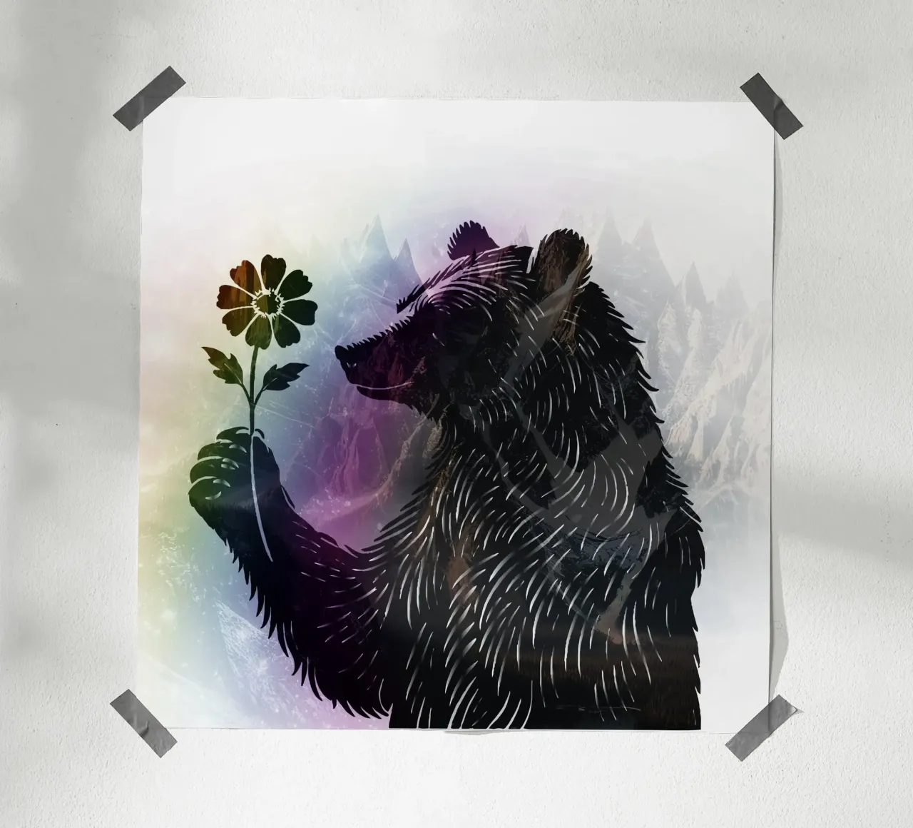 Ours avec fleur - motif ours avec de douces nuances arc-en-ciel poster de namosh