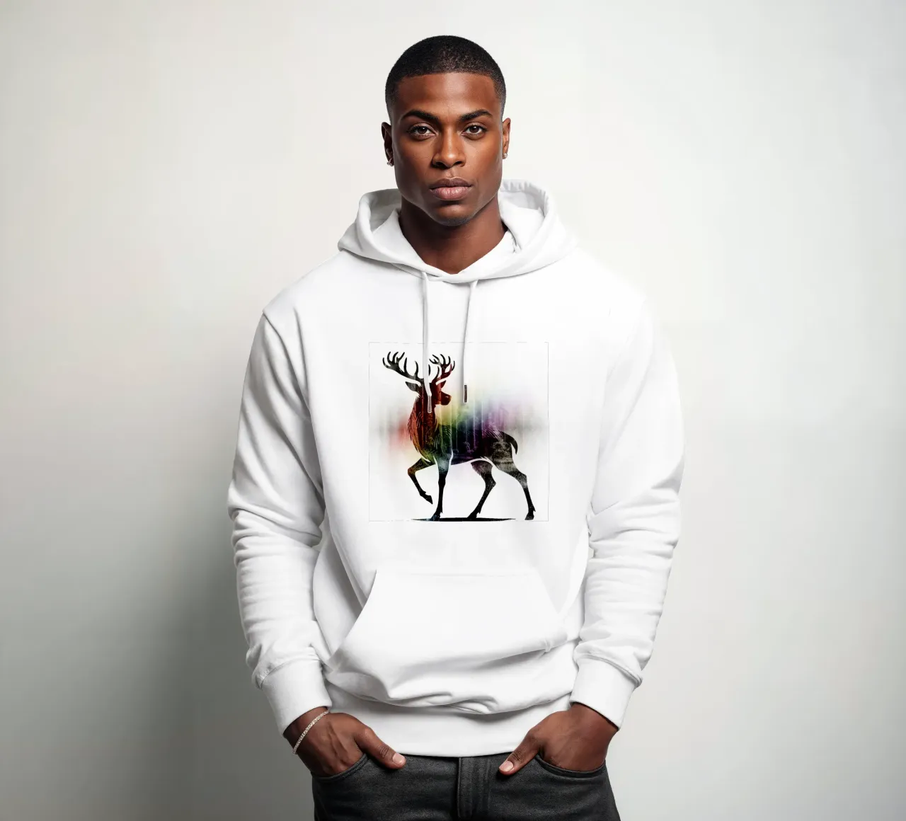 Silhouette con motivo di cervo e delicati colori dell'arcobaleno felpa con cappuccio da namosh